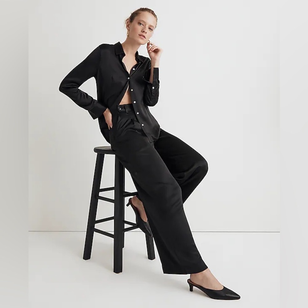Madewell The Tall Harlow Wide-Leg Pant Black Satin Trouser Buttons Tab Waist 12